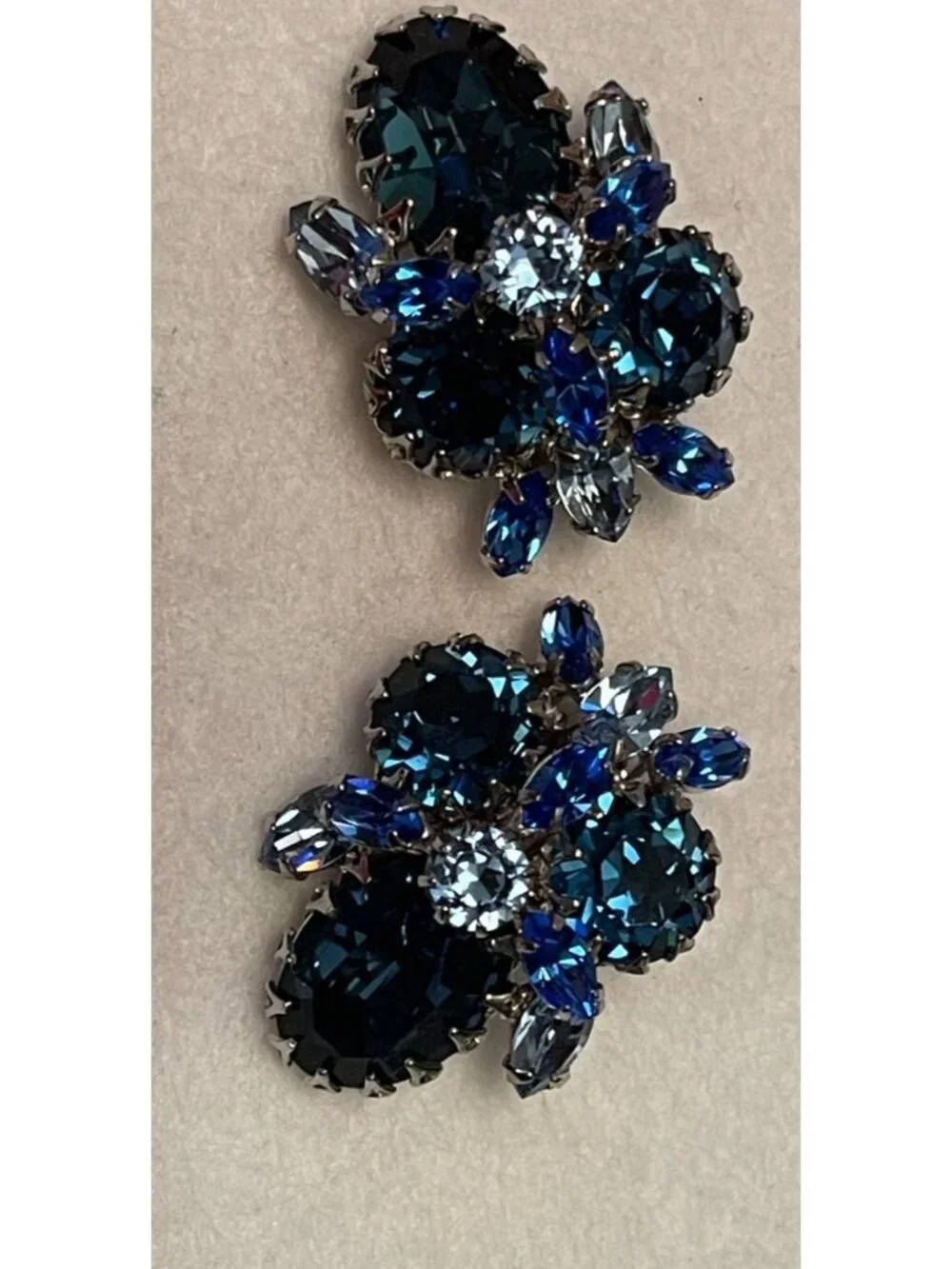 Vtg Ben Reig Blue Glass Clip-On Earrings Schreiner Era Designer Jewelry